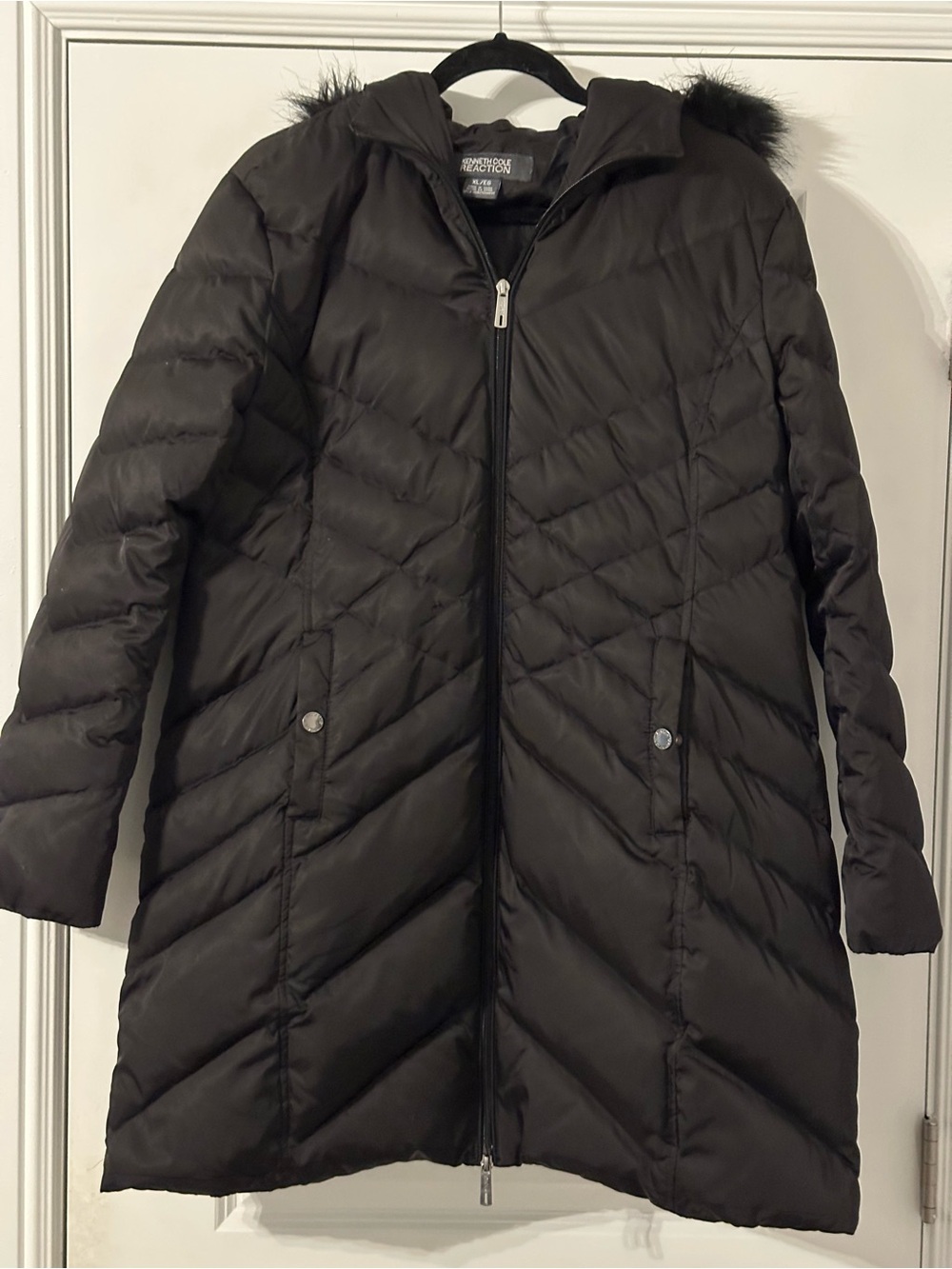 Kenneth Cole Reaction Women’s XL Black Long Down Puffer Coat Faux Fur Hood 60/40
